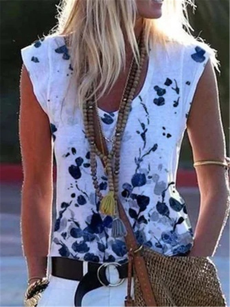 Floral Printed Sleeveless Shirt   (Plus Sizes)