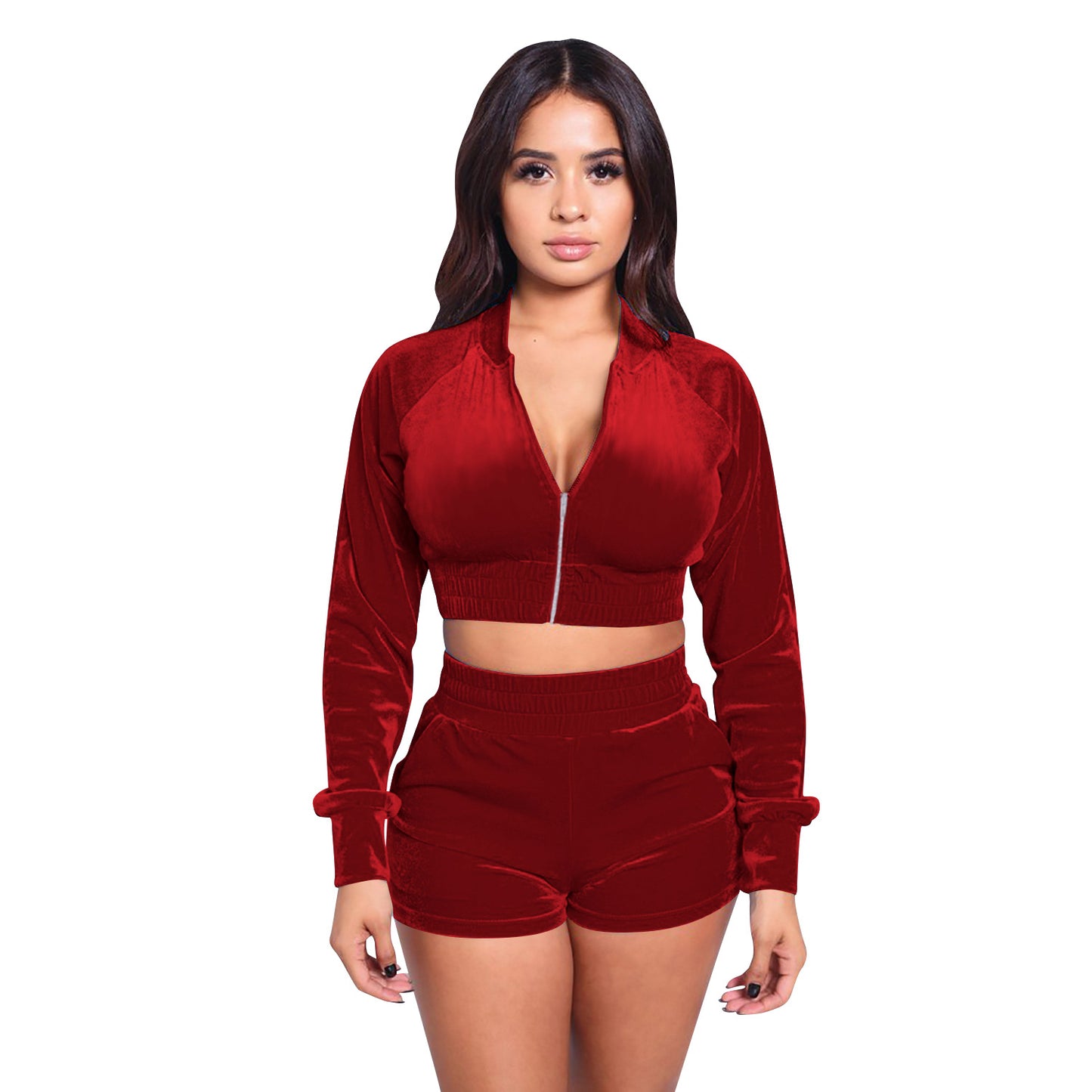 Golden Velvet Long-Sleeved Crop Top & Shorts Two Piece Set