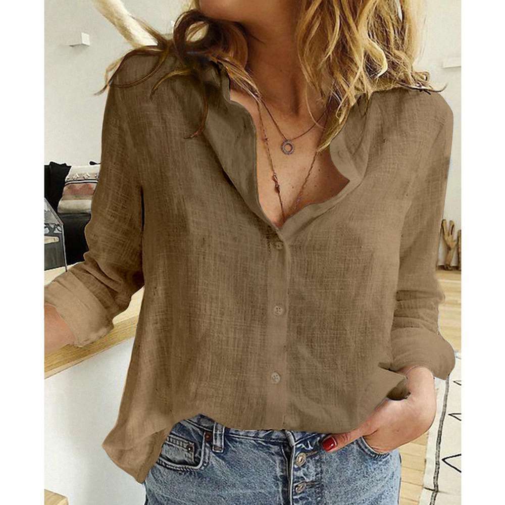 Solid Color Loose Fitting Long Sleeve Linen Shirt (Plus Sizes)