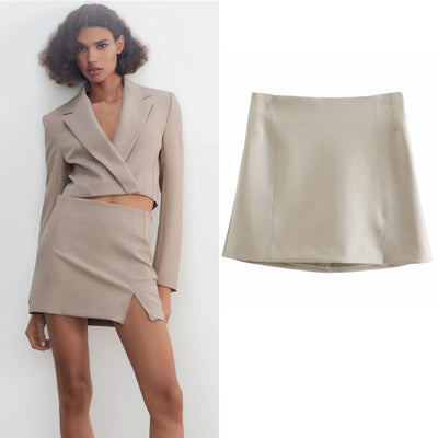 Blazer Crop Top & High Waist Split A-Line Mini Skirt Two Piece Set
