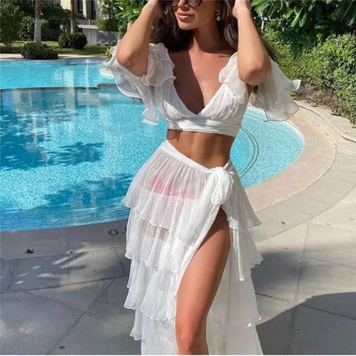 White Two Piece Swimsuit Cover Up Set