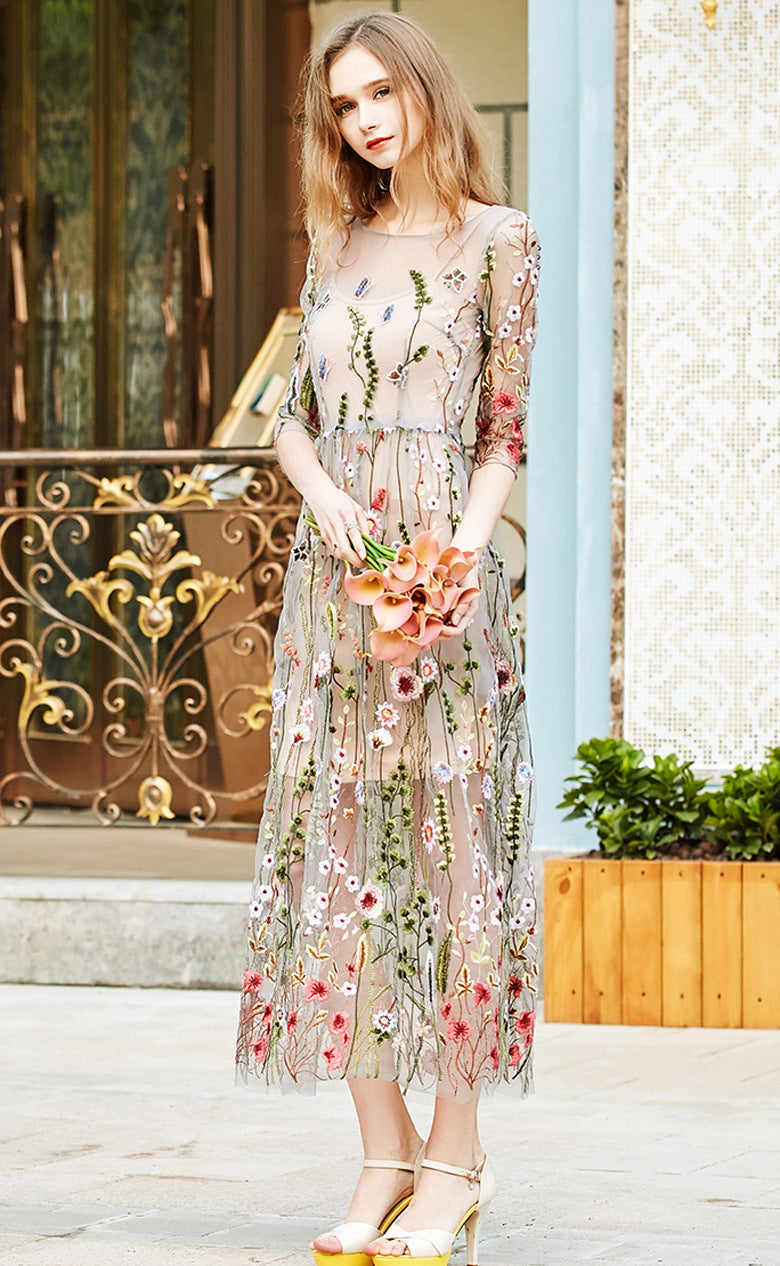 Beautiful Flower Embroidered Sheer Mesh Beach Dress/Cover-up
