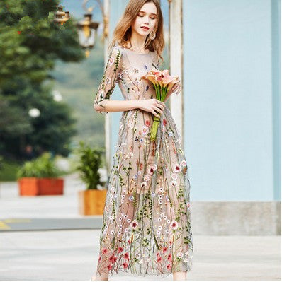 Beautiful Flower Embroidered Sheer Mesh Beach Dress/Cover-up