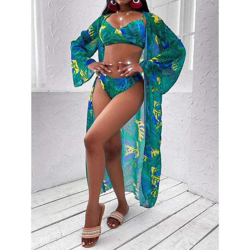 Three-Piece Tropical Bikini Coverup Set