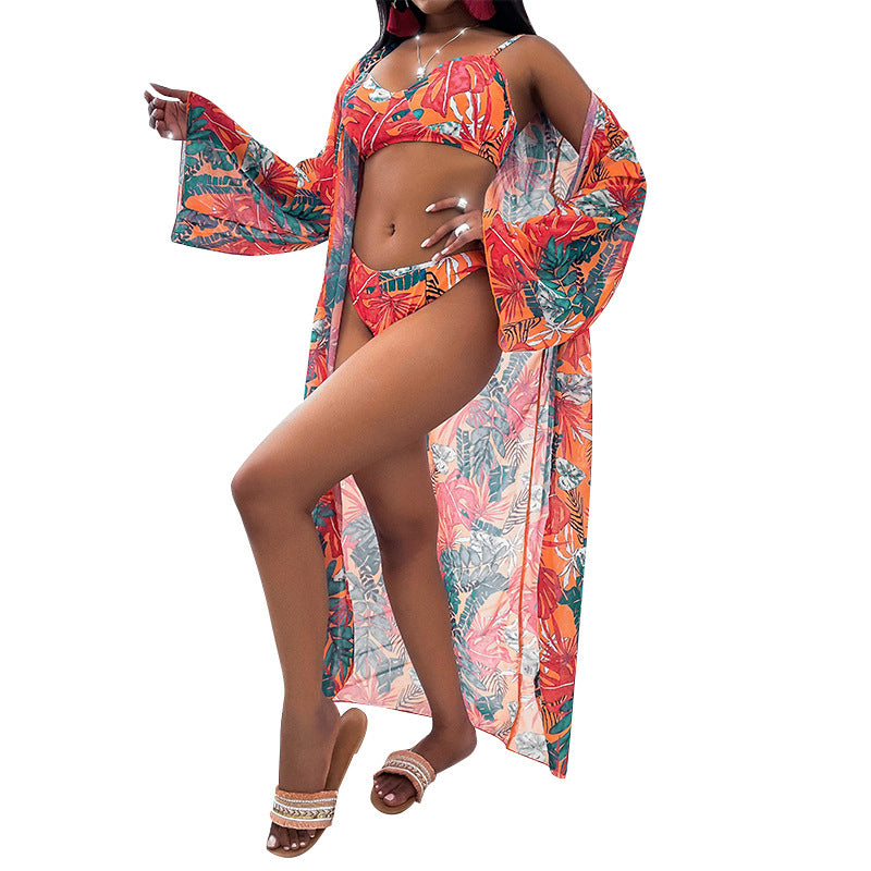 Three-Piece Tropical Bikini Coverup Set