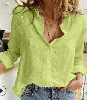 Solid Color Loose Fitting Long Sleeve Linen Shirt (Plus Sizes)