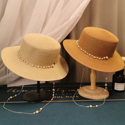 French Retro Style Flat Straw Hat w/Pearl Chain