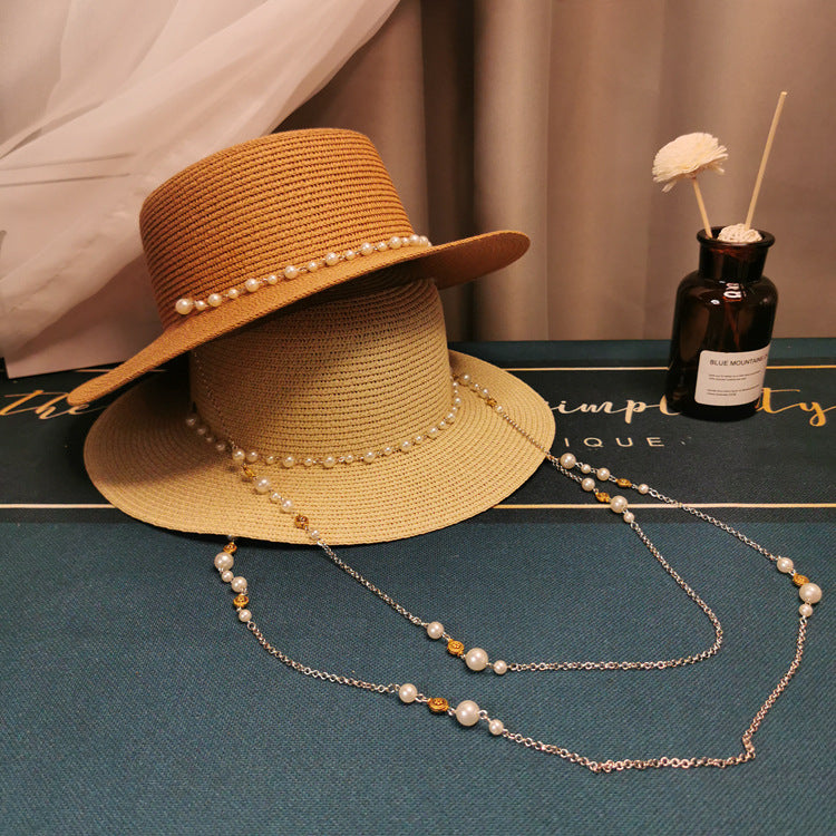 French Retro Style Flat Straw Hat w/Pearl Chain