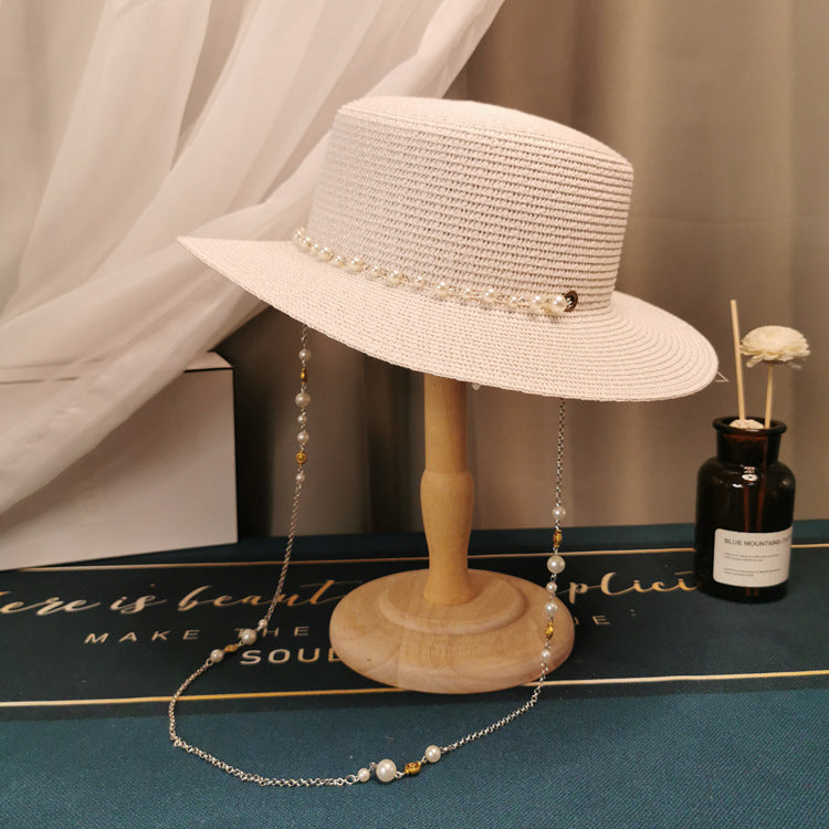 French Retro Style Flat Straw Hat w/Pearl Chain
