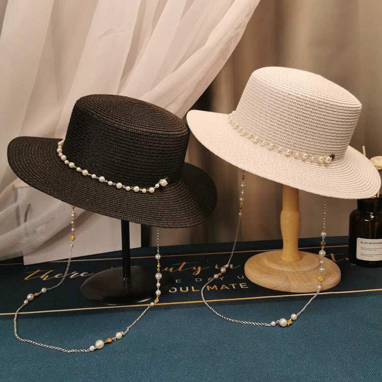 French Retro Style Flat Straw Hat w/Pearl Chain