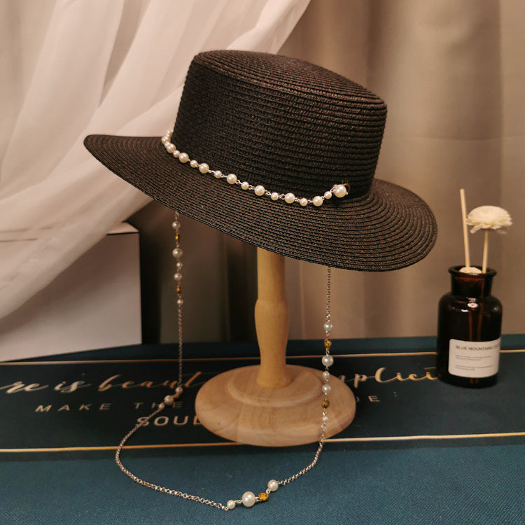 French Retro Style Flat Straw Hat w/Pearl Chain
