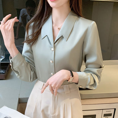 Business Style Long-sleeved Thin Draped Satin Shirt
