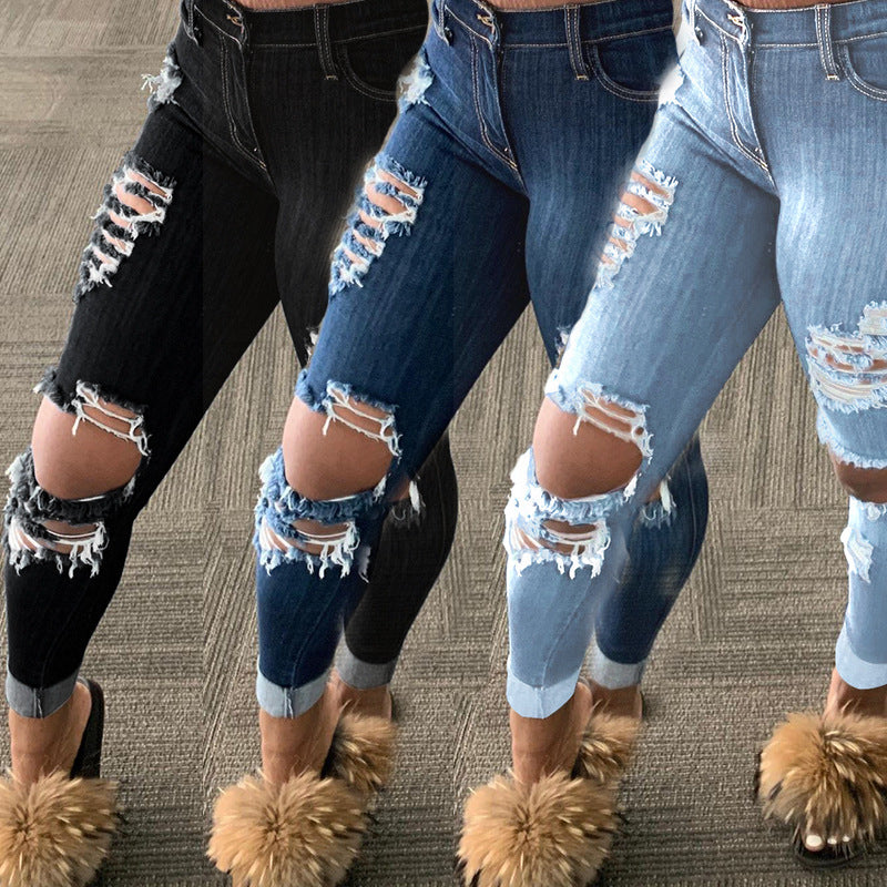Ripped Middle Waist Denim Jeans (up to 4XL)