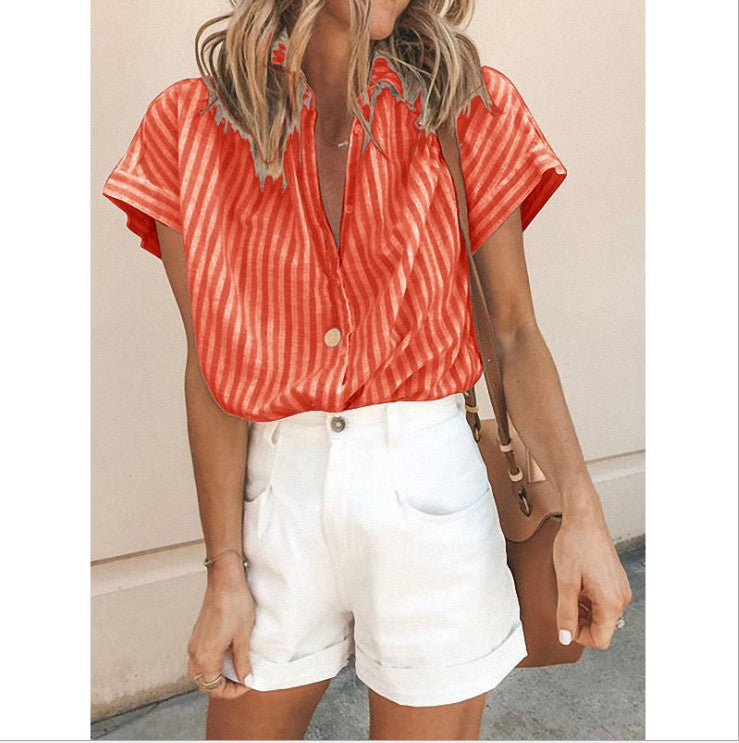 Vertical Striped Loose fitting Short-Sleeved Cardigan Shirt