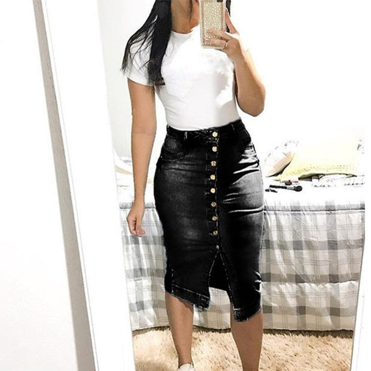 Button Down Denim Knee High Skirt