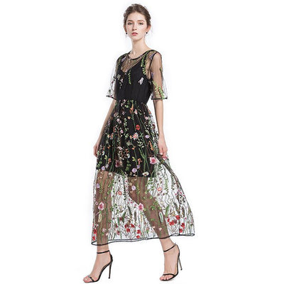 Beautiful Flower Embroidered Sheer Mesh Beach Dress/Cover-up