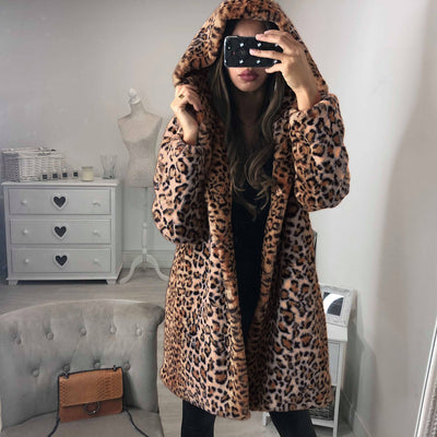 Loose Fitting Mid-Length Hooded Leopard Coat