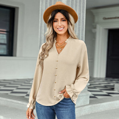 Flared Sleeve V-Neck Button-Down Shirt