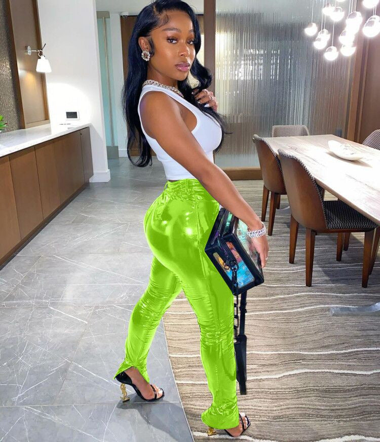 Shiny Zipper Slit PU Leather Pants