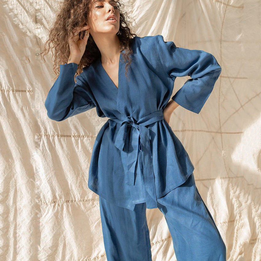 Lace Up Long Sleeve Cotton Linen Pajama Robe Set