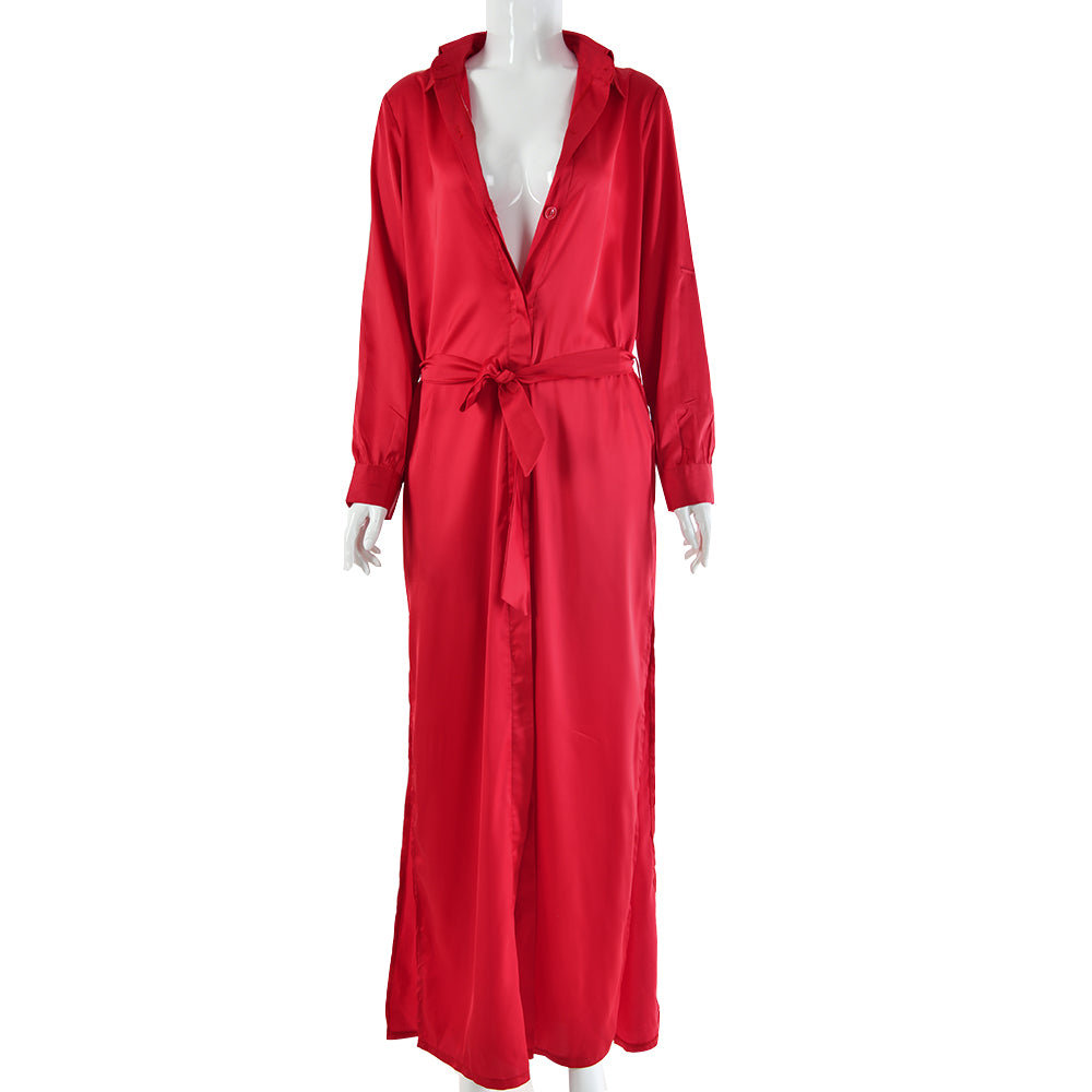 Long Sleeve Faux Satin Dress