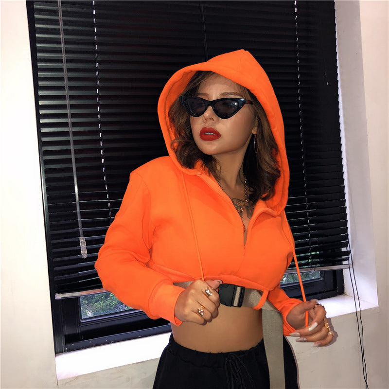 Orange Hooded Crop Top Zip and Latch Drawstring Two Piece Set