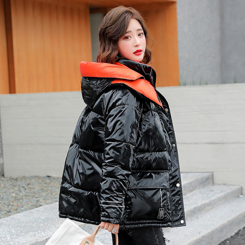 Contrast Color Shiny Hooded Down Coat