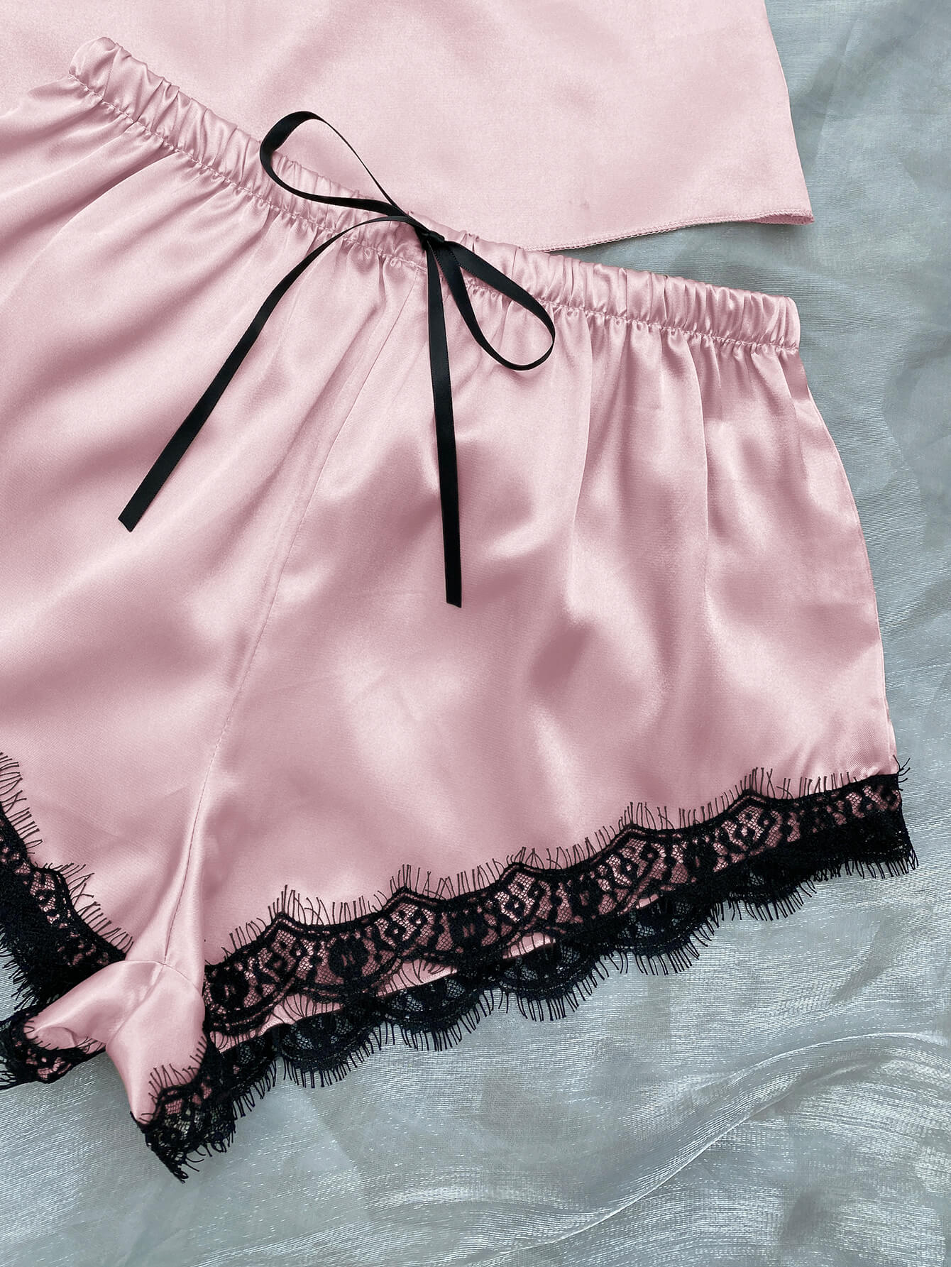 Satin Pajama Set-Lace Trim Cami, Shorts, Eye Mask, Scrunchie, and Bag