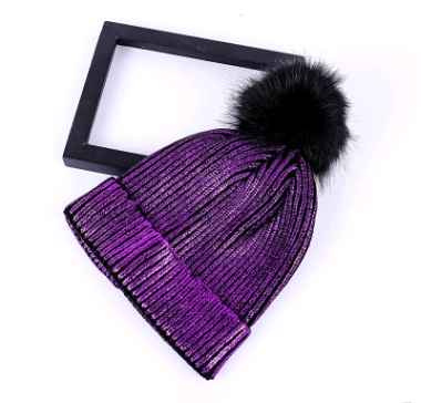 Shiny Warp Knit Wool Hat w/Black Pom