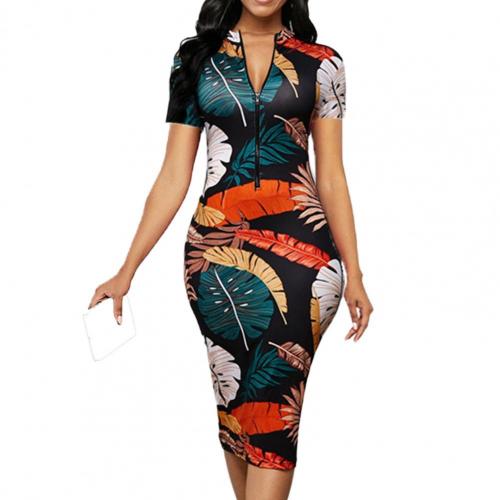 Zip-Up Banana Leaf Print Fitted Dress (up to 3XL)