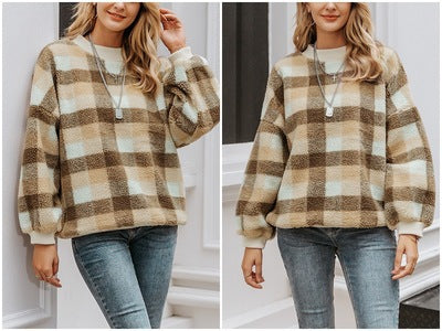 Round Neck Plaid Wool Sweater