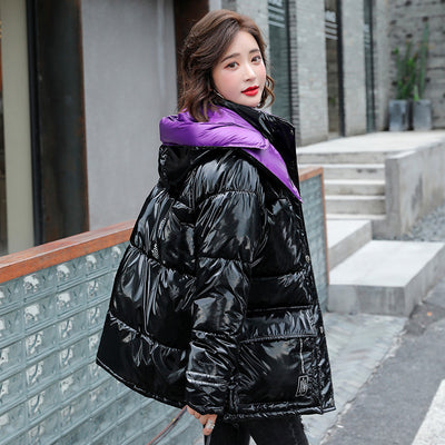 Contrast Color Shiny Hooded Down Coat