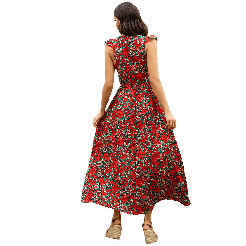 Red Floral High Waist Sleeveless Sling Dress