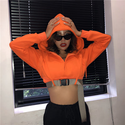 Orange Hooded Crop Top Zip and Latch Drawstring Two Piece Set