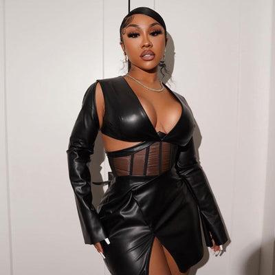 Sheath Mesh Corset Faux Leather Dress