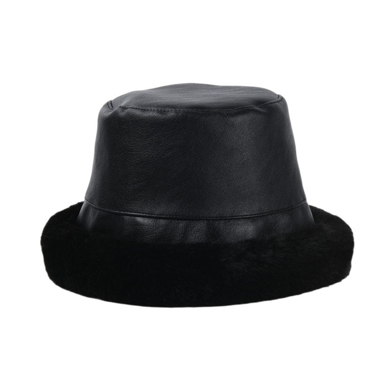 Pu Leather & Faux Fur Trim Flat Top Hat