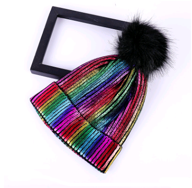 Shiny Warp Knit Wool Hat w/Black Pom
