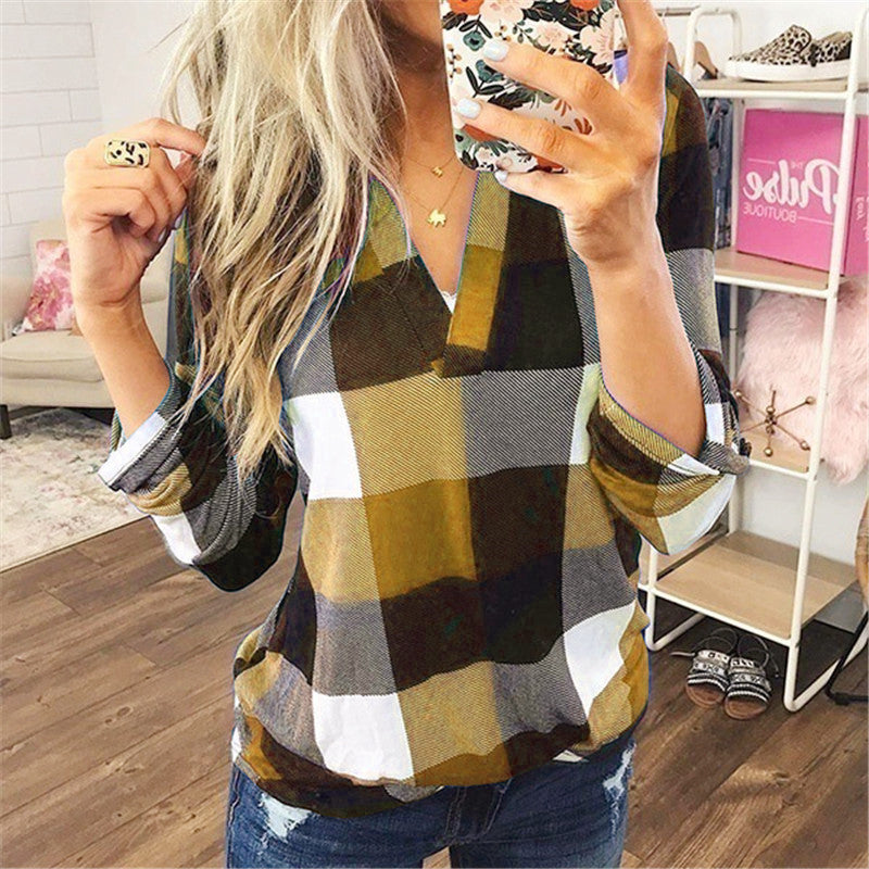 Plaid Printed Long Sleeve V-Neck Shirt (up to 5XL)