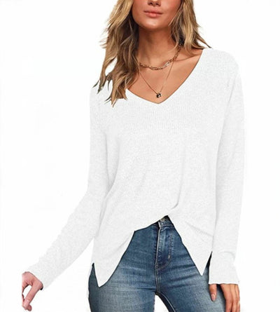 Solid Color Long Sleeve V-neck Split Shirt