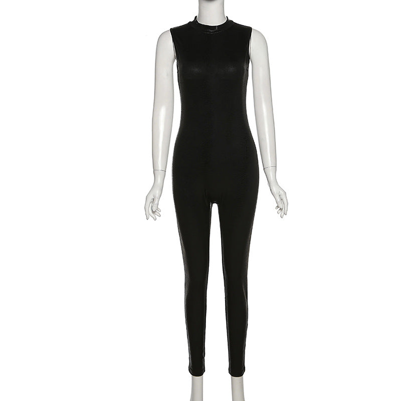 Faux Leather Sleeveless High Waist Jumpsuit