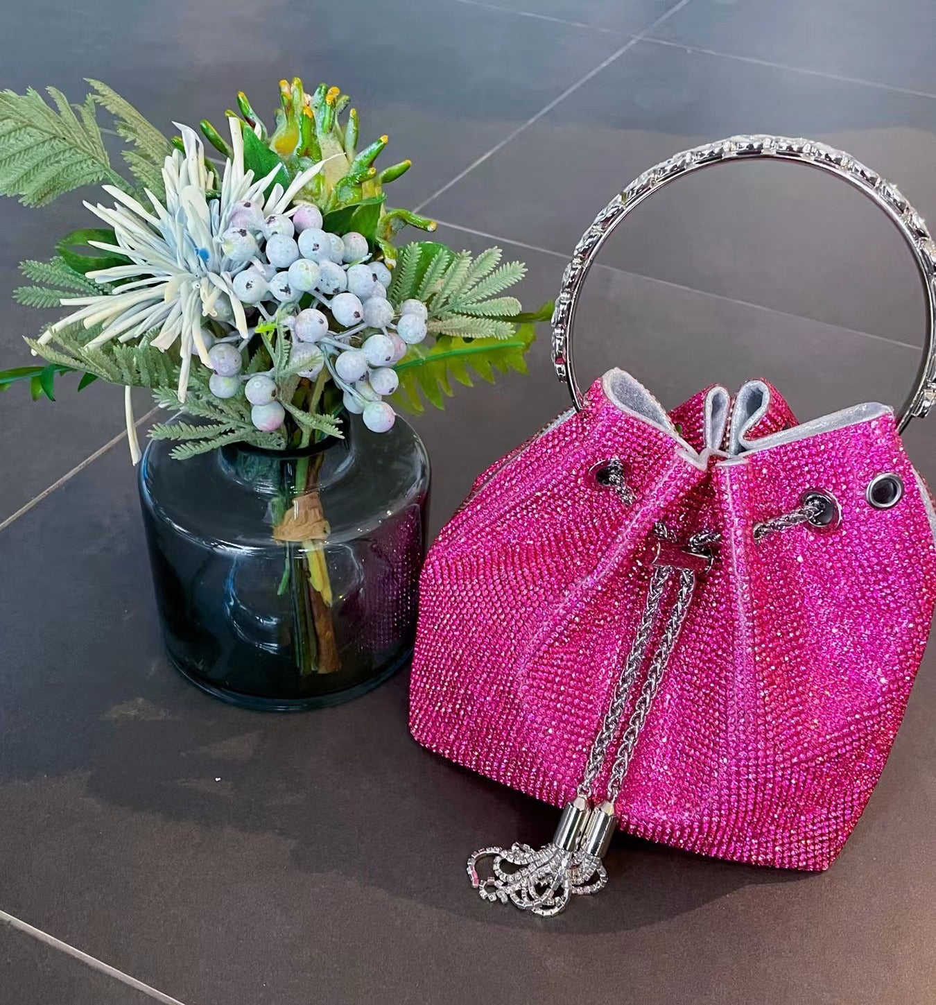 Round Handle Diamond Tassel Bag