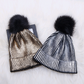 Shiny Warp Knit Wool Hat w/Black Pom