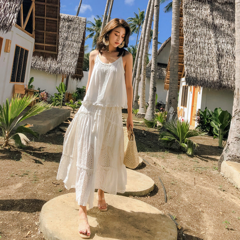 Western Lace Long White Cake Cotton Skirt