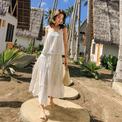 Western Lace Long White Cake Cotton Skirt