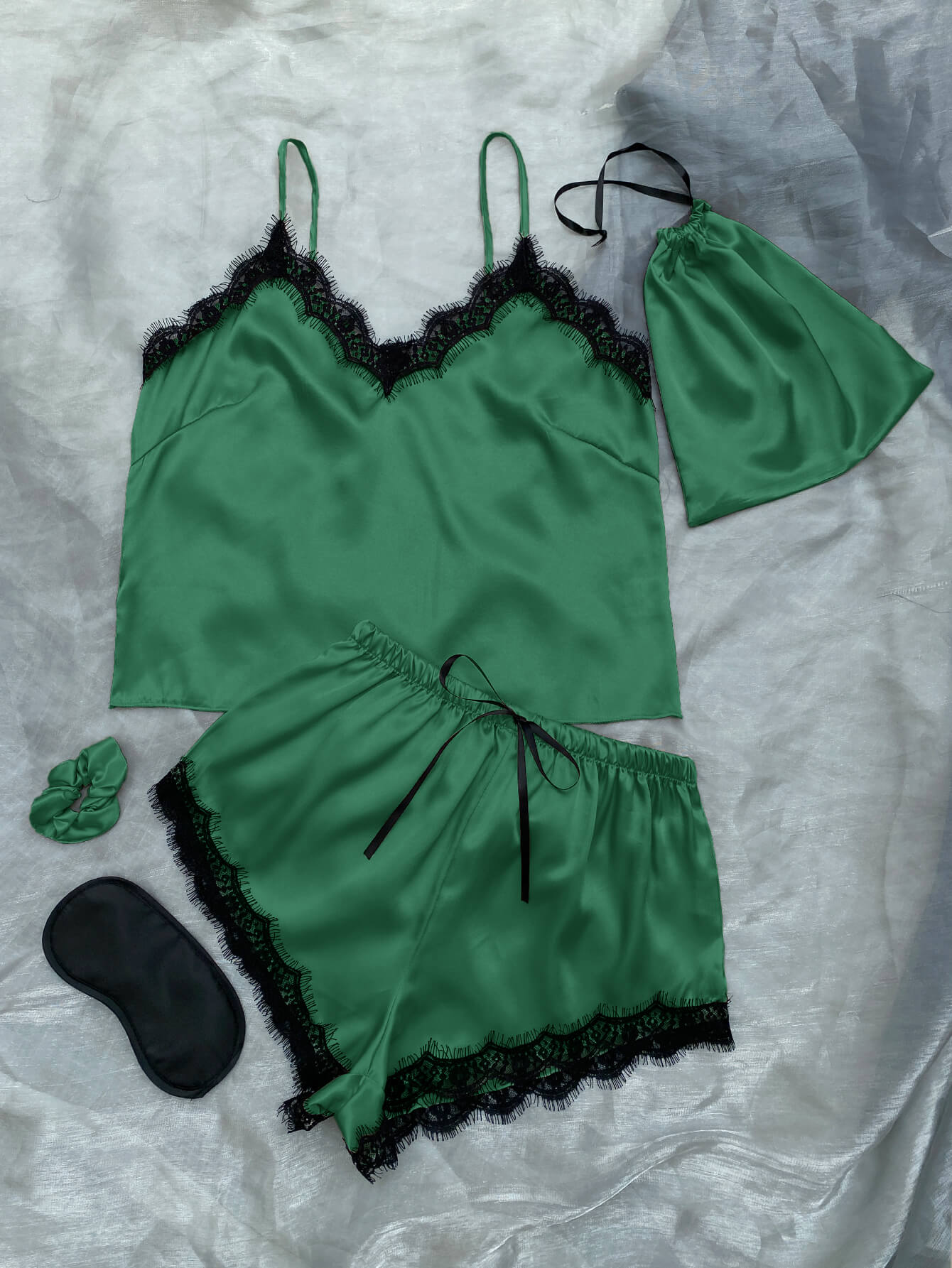 Satin Pajama Set-Lace Trim Cami, Shorts, Eye Mask, Scrunchie, and Bag