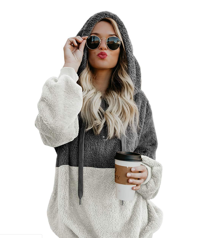 Two Tone Plush Drawstring Hoodie