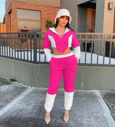 Color Block Teddy Fleece Two Piece Set