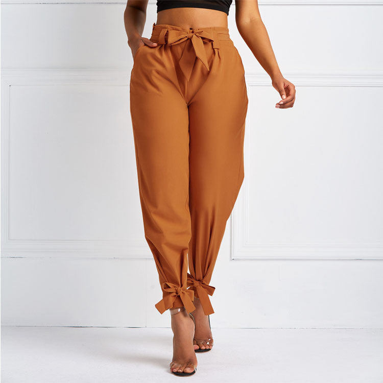 Pure Color Loose Fitting Waist and Ankle Tie Pants
