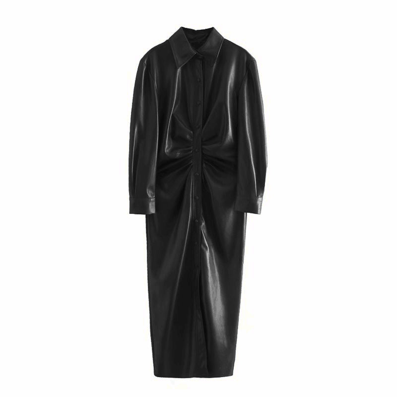 Faux Leather Long Shirtdress