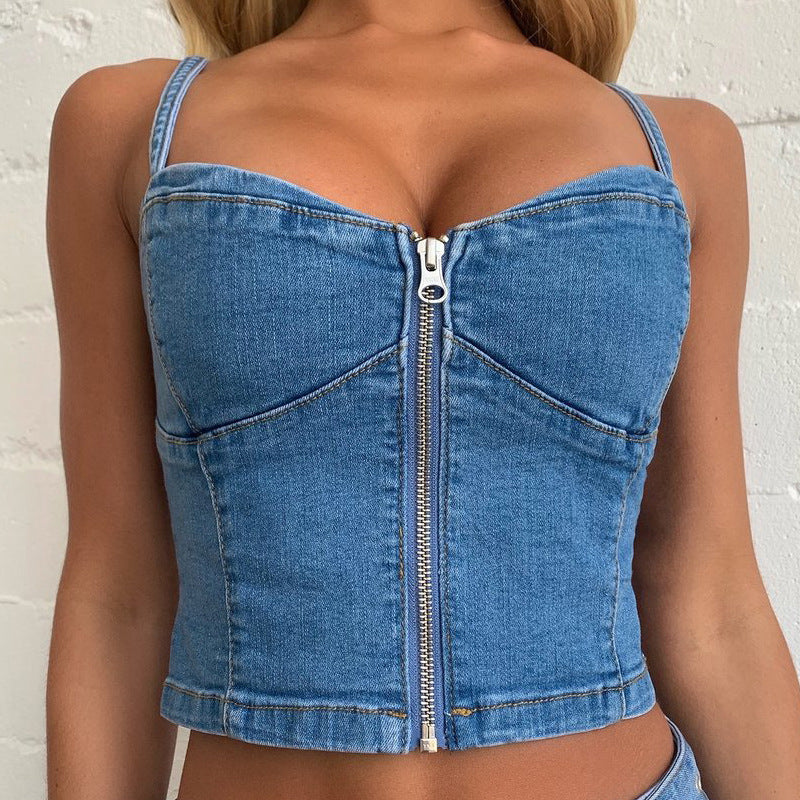 Denim Sling Zip Wrap Mini Tank Top Skirt